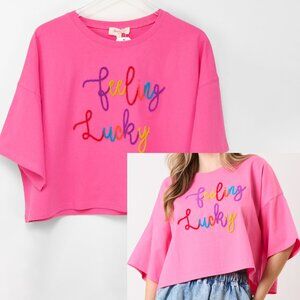 Peach Love "Feeling Lucky" Embroidered Patch Tee Cropped Rainbow Pink Small New